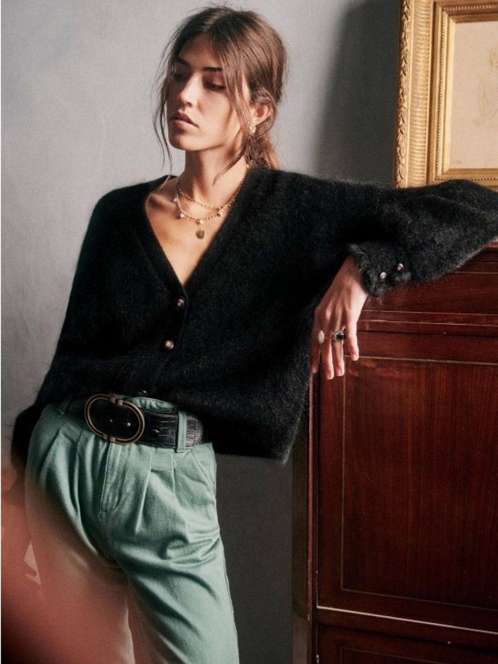 Sezane Black Mohair Button Cardigan Size XL